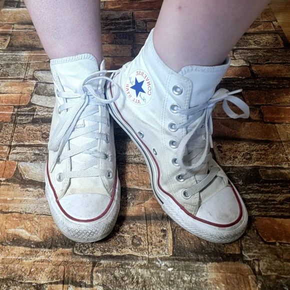 Very USED Well Worn Converse White High Top Sneakers with Red Trim - Picture 2 of 14